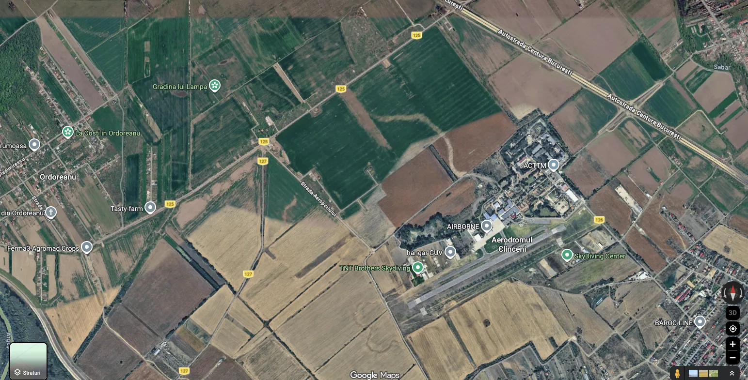 Hartă satelitară cu DC125 de la Ordoreanu spre autostrada A0, trecând pe lângă Aerodromul Clinceni
