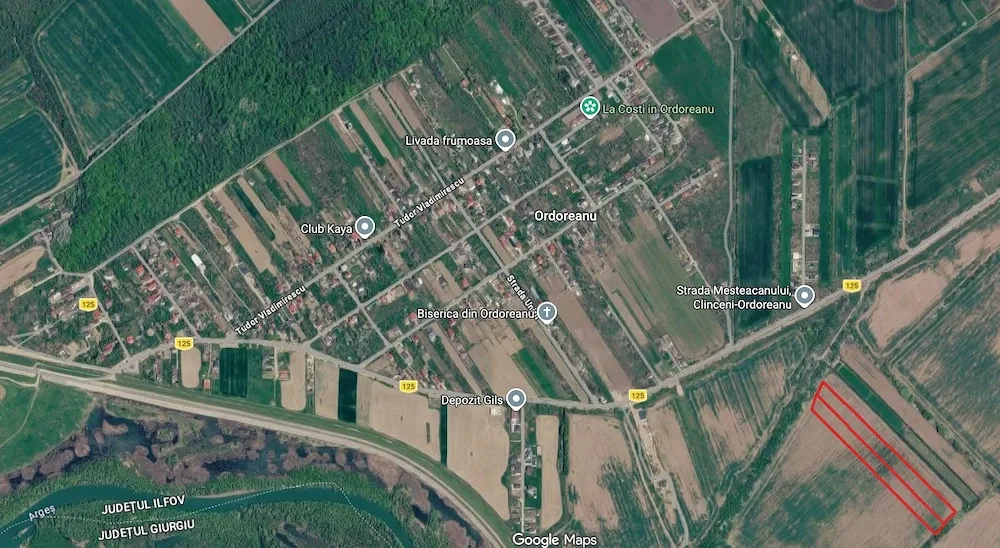 Satul Ordoreanu și DC125, cu terenul conturat cu roșu în colțul din dreapta jos