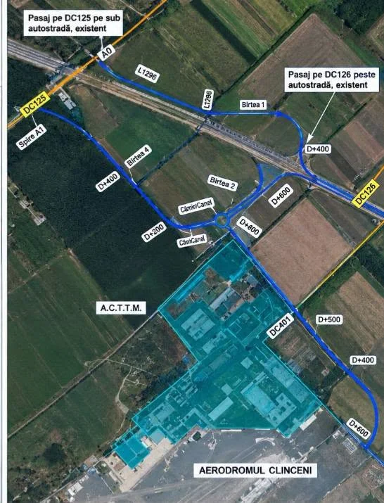 Planșă a proiectului Nodului rutier Clinceni, cu bretelele dintre DC125 și DC126 și pasajele existente pe A0