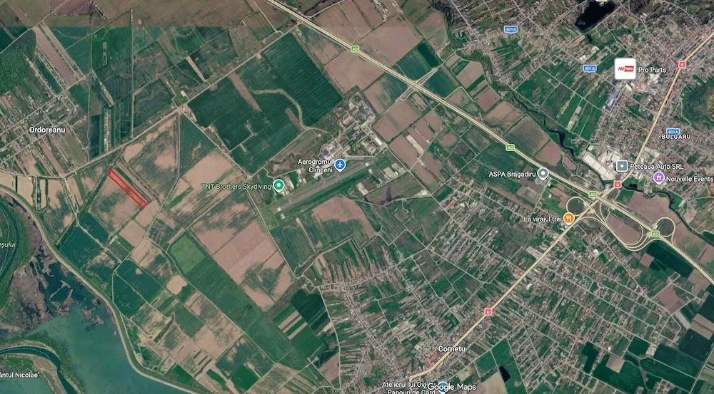 Hartă satelitară de ansamblu: terenul lângă Ordoreanu, Aerodromul Clinceni, autostrada A0, Bragadiru și Cornetu